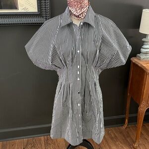 Black and White Striped Doleman sleeve cinched waist shirt 100% cotton dress